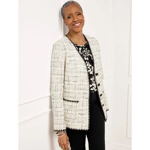 Talbots Tipped Tweed Blazer Jacket Women's 16 White Black Classic Preppy Elegant